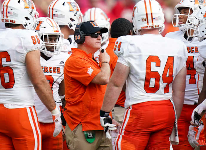 Sep 11, 2021; Tuscaloosa, Alabama, USA; Mercer Bears head coach Drew Cronic at Bryant-Denny Stadium. Mandatory Credit: Marvin Gentry-USA TODAY Sports